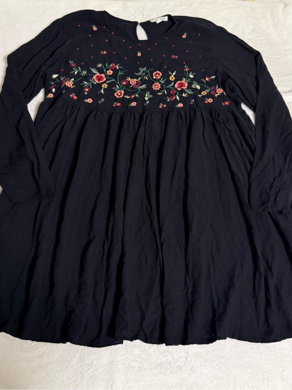 Beach Lunch Lounge Womens L Black Floral Embroidered Babydoll Mini Dress Boho